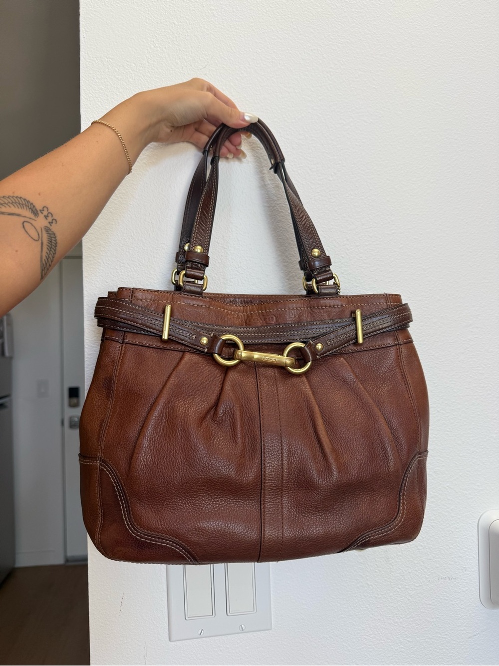 Coach Brown Leather Tote with Gold-Tone Horsebit